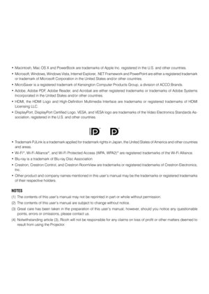 Page 2• Macintosh, Mac OS X and PowerBook are trademarks of Apple Inc. registered in the U.S. and other countries.
•  Microsoft, Windows, Windows Vista, Internet Explorer, .NET Framework and PowerPoint are either a registered trademark 
or trademark of Microsoft Corporation in the United States and/or other \
countries.
•  MicroSaver is a registered trademark of Kensington Computer Products Group, a division of ACCO Brands.
•  Adobe, Adobe PDF, Adobe Reader, and Acrobat are either registered trademarks or...