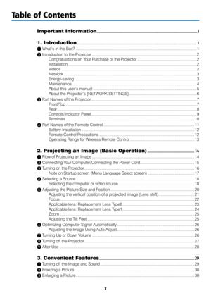 Page 12x
Table of Contents
Important Information .................................................................................................................................i
1. Introduction ...........................................................................................................................................\
.............. 1
❶ What’s in the Box?  ............................................................................................................... 1
❷ Introduction to the...