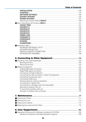 Page 14xii
[INSTALLATION].................................................................................................\
....... 109
[CONTROL]  ....................................................................................\
............................ 112
[NETWORK SETTINGS]  ............................................................................................. 120
[SOURCE OPTIONS]  ................................................................................................\
. 125
[POWER...