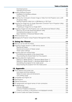 Page 15xiii
Download service ................................................................................................\
.......181
Operating Environment ....................................................................................\
.......... 181
❷ Installing Software Program  ............................................................................................. 183
Installation for Windows software  .............................................................................. 183
Using on...