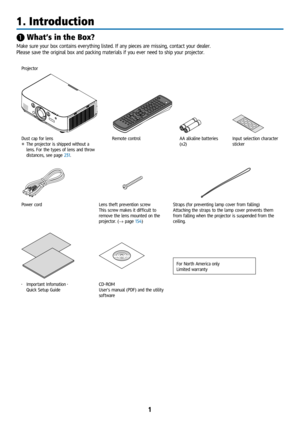 Page 161
1. Introduction
❶ What’s in the Box?
Make sure your box contains everything listed. If any pieces are missing, contact your dealer.
Please save the original box and packing materials if you ever need to s\
hip your projector.
Projector
Dust cap for lens
* The projector is shipped without a 
lens. For the types of lens and throw 
distances, see page 231. Remote control
AA alkaline batteries 
(x2)Input selection character 
sticker
Power cord
Lens theft prevention screw 
This screw makes it difficult to...