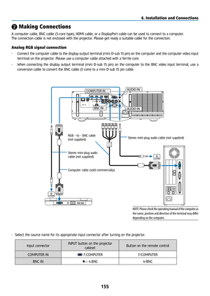 Page 170155
❷ Making Connections
A computer cable, BNC cable (5-core type), HDMI cable, or a DisplayPort cable can be used to connect to a computer.
The connection cable is not enclosed with the projector. Please get ready a suitable cable for the connection.
Analog RGB signal connection
• Connect the computer cable to the display output terminal (mini D-sub 1\
5 pin) on the computer and the computer video input 
terminal on the projector. Please use a computer cable attached with a ferrite core.
•  When...