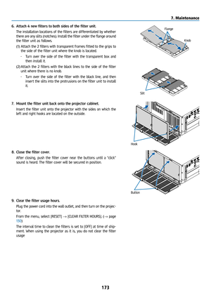 Page 188173
6. Attach 4 new filters to both sides of the filter unit.
  The installation locations of the filters are differentiated by whether 
there are any slits (notches). Install the filter under the flange around 
the filter unit as follows.
(1) Attach the 2 filters with transparent frames fitted to the grips to 
the side of the filter unit where the knob is located.
• Turn over the side of the filter with the transparent box and 
then install it.
(2)  Attach the 2 filters with the black lines to the side...