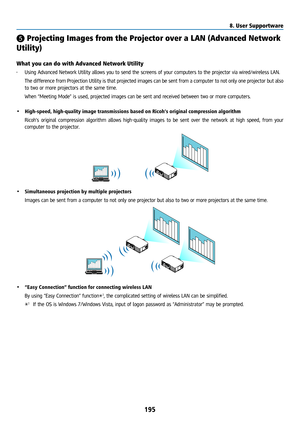 Page 210195
❺ Projecting Images from the Projector over a LAN (Advanced Network 
Utility) 
What you can do with Advanced Network Utility
• Using Advanced Network Utility allows you to send the screens of your computers to the projector via wired/wireless LAN.
  The difference from Projection Utility is that projected images can be sent from a computer to not only one projector but also 
to two or more projectors at the same time.
  When “Meeting Mode” is used, projected images can be sent and received between...