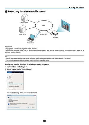 Page 241226
❹ Projecting data from media server
LAN
Media server Media server Wireless LAN
Media server
Projector
Preparation
For projector: Connect the projector to the network.
For computer: Prepare image files or movie files to be projected, and set up “Media Sharing” in Windows Media Player 11 or \
Windows Media Player 12.
NOTE: 
• Both the projector and the media server must be on the same subnet. Connecting to the media server beyond the subnet is not possible.
•  Types of images and movies which can be...