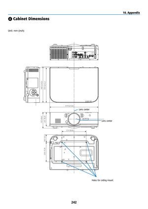 Page 257242
250 \(9. 8\)
162  \(6. 4\)
359 \(14. 1\)
368 
\(14. 5\)
78.5 \(3. 1\)
142 \(5. 6\)
200 
\(7. 9\)
499  \(19. 6\)
❹ Cabinet Dimensions
Lens center
Lens center
Holes for ceiling mount
Unit: mm (inch)
10. Appendix  