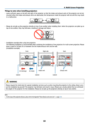 Page 7964
Things to note when installing projectors
• Leave sufficient space on the left and right of the projector so that the intake and exhaust vents of the projector are not ob-
structed. When the intake and exhaust vents are obstructed, the temperature inside the projector will rise and this may result 
in a malfunction.
• Please do not pile up the projectors directly on top of one another when installing them. When the projectors are piled up on 
top of one another, they may fall down, resulting in damage...