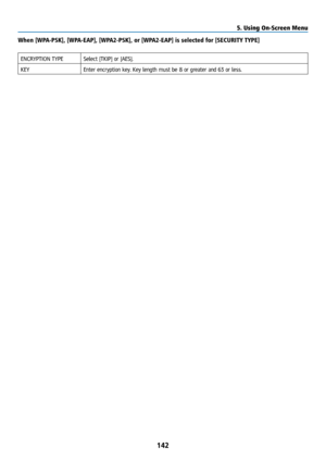 Page 157142
When [WPA-PSK], [WPA-EAP], [WPA2-PSK], or [WPA2-EAP] is selected for [SECURITY TYPE]
ENCRYPTION TYPESelect [TKIP] or [AES].
KEY Enter encryption key. Key length must be 8 or greater and 63 or less.
5. Using On-Screen Menu  