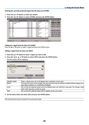 Page 10085
Entering the currently projected signal into the Entry List [STORE]
1. Press the ▲ or ▼ button to select any number.
2.  Press the ◀ or ▶ button to select [STORE] and press the ENTER button.
 
Calling up a signal from the Entry List [LOAD]
Press the ▲ or ▼ button to select a signal and press the ENTER button.
Editing a signal from the Entry List [EDIT]
1.  Press the ▲ or ▼ button to select a signal you wish to edit.
2.  Press the ◀, ▶, ▲, or ▼ button to select [EDIT] and press the ENTER button.
  The...