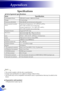 Page 6462
English
Appendices
Specifications
■ List of general specifications
ItemSpecification
Consumption Power225W (ECO mode) / 280W (Full mode)
Weight5.2 lbs (2.4 Kg)
Dimensions (WxHxD)286x100x208 mm (include protruding parts)
Environmental Consider-ationsOperational Temperatures : 41° to 95°F (5° to 35°C),
20% to 80% humidity (non-condensing)
Storage Temperatures : -4° to 140°F (-20° to 60°C),
20% to 80% humidity (non-condensing)
Projection SystemSingle DLP® 0.55” chip
ResolutionRICOH PJ S2340: 800 × 600...