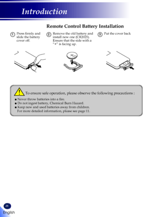 Page 2826
English
Introduction
Remote Control Battery Installation
Press firmly and slide the battery cover off.
1Put the cover back3Remove the old battery and install new one (CR2025). Ensure that the side with a “+” is facing up.
2
To ensure safe operation, please observe the following precautions :
■  Never throw batteries into a fire.
■ Do not ingest battery, Chemical Burn Hazard.
■ Keep new and used batteries away from children.
   For more detailed information, please see page 11.
3VOLTSCR2025...