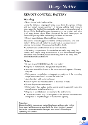 Page 119
REMOTE CONTROL BATTERY
Warning
•  Never throw batteries into a fire.
Using the batteries improperly may cause them to explode or leak and may result in serious injury. If battery-leaking fluid contacts skin,  wash  the  fluid  off  immediately  with  clean  water  and  consult  a doctor.  If  the  fluid  spills  on  an  instrument,  avoid  contact  and  wipe it off using tissue paper. Then dispose of the used tissue paper as flammable garbage after moistening the tissue with water. 
•  Do not ingest...