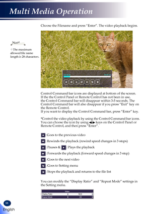 Page 5856
Choose the Filename and press “Enter”. The video playback begins.
Control Command bar icons are displayed at bottom of the screen. If the the Control Panel or Remote Control has not been in use, the Control Command bar will disappear within 3-5 seconds. The Control Command bar will also disappear if you press “Exit” key on\
 the Remote Control. If you want to display the Control Command bar, press “Enter” key.\
  
*Control the video playback by using the Control Command bar icons. You can choose the...