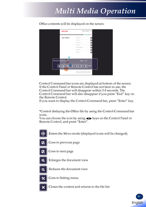 Page 6361
Office contents will be displayed on the screen.                    Control Command bar icons are displayed at bottom of the screen. If the Control Panel or Remote Control has not been in use, the Control Command bar will disappear within 3-5 seconds. The Control Command bar will also disappear if you press “Exit” key on\
 the Remote Control. If you want to display the Control Command bar, press “Enter” key.\
   *Control dislaying the Office file by using the Control Command bar icons. 
You can choose...