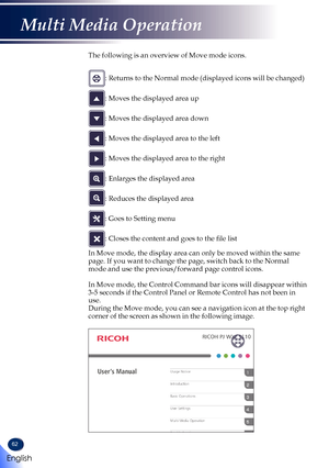 Page 6462
The following is an overview of Move mode icons.    : Returns to the Normal mode (displayed icons will be changed)   : Moves the displayed area up   : Moves the displayed area down   : Moves the displayed area to the left   : Moves the displayed area to the right   : Enlarges the displayed area   : Reduces the displayed area   : Goes to Setting menu   : Closes the content and goes to the file list  In Move mode, the display area can only be moved within the same page. If you want to change the page,...