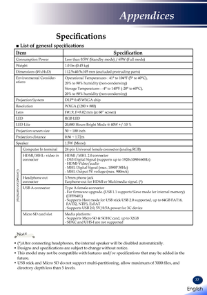 Page 7977
Specifications
■	List	of	general	specifications
ItemSpecification
Consumption PowerLess than 0.5W (Standby mode) / 65W (Full mode)
Weight1.0 lbs (0.45 kg) 
Dimensions (WxHxD)112.5x40.5x105 mm (excluded protruding parts)
Environmental Consider-ationsOperational Temperatures : 41° to 104°F (5° to 40°C),
20% to 80% humidity (non-condensing)
Storage Temperatures : -4° to 140°F (-20° to 60°C),
20% to 80% humidity (non-condensing)
Projection SystemDLP® 0.45 WXGA chip
ResolutionWXGA (1280 × 800)
LensF#1.9,...