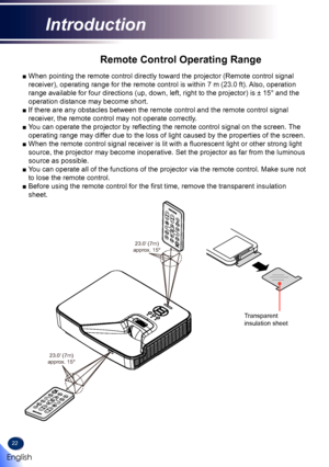 Page 2422
Remote Control Operating Range
■  When pointing the remote control directly toward the projector (Remote \
control signal 
receiver), operating range for the remote control is within 7 m (23.0 ft).  Also, operation 
range available for four directions (up, down, left, right to the projector) is ± 15° and the 
operation distance may become short.
■  If there are any obstacles between the remote control and the remote con\
trol signal 
receiver, the remote control may not operate correctly.
■  
You can...