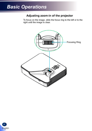 Page 3028
Adjusting zoom-in of the projector
To focus on the image, slide the focus ring to the left or to the 
right until the image is clear.
Focusing Ring 
English
Basic Operations   