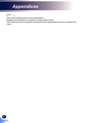 Page 6462
Note
• This model complies with the above specifications.• Designs and specifications are subject to change without notice.•  
This model may not be compatible with features and/or specifications that may be added in the future. 
English
Appendices   