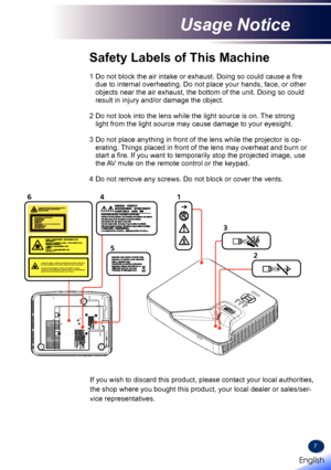 Page 97
1
3
2
64
5
DANGER-CLASS 4 LASER RADIA TION WHEN OPEN AVOID EYE 
OR SKIN EXPOSURE T O DIRECT OR SCATTERED RADIATION
DANGER-RA YONNEMENT LASER DE CLASSE 4-EN CAS
D’OUVERTURE EXPOSITION DANGEREUSE  AU RAYONNEMENT 
DIRECT OU DIFFUS DES  YEUX OU DE LA PEAU
Safety Labels of This Machine
1  Do not block the air intake or exhaust. Doing so could cause a fire due to internal overheating. Do not place your hands, face, or other objects near the air exhaust, the bottom of the unit. Doing so could result in injury...