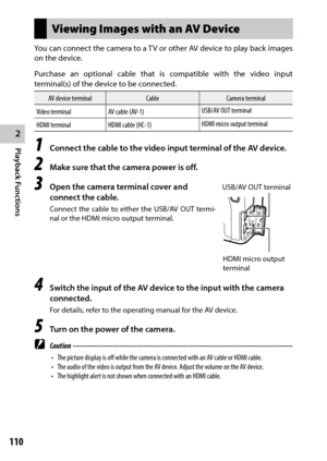 Page 1122
Playback Functions
110
Viewing Images with an AV Device
You can connect the camera to a TV or other AV device to play back images 
on the device.
Purchase an optional cable that is compatible with the video input 
terminal(s) of the device to be connected.
AV device terminalCableCamera terminal
Video terminal AV cable (AV-1) USB/AV OUT terminal
HDMI terminal HDMI cable (HC-1) HDMI micro output terminal
1 Connect the cable to the video input terminal of the AV device.
2 Make sure that the camera power...