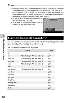 Page 1223
Changing Camera Settings
120
 Note ------------------------------------------------------------------------\
-----------------------------------
•	 If	the	settings	 of	[MY	 1],	[MY	 2],	and	 [MY	 3]	are	 assigned	 in	[Recall	 My	Settings]	 and	the	settings	 of	My	
Settings	Box	are	edited,	the	changes	are	also	applied	to	the	settings	of	[MY	1],	[MY	2],	and	[MY	3].
	 If	 the	settings	 of	[MY	 1],	[MY	 2],	and	 [MY	 3]	are	 directly	 edited,	the	changes	 are	not	 applied	 to	the	
settings	 of	My	 Settings...