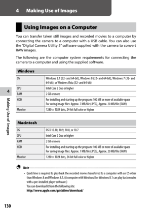 Page 132130
4
Making Use of  Images
4 Making Use of Images
Using Images on a Computer
You can transfer taken still images and recorded movies to a computer by 
connecting	 the	camera	 to	a	computer	 with	a	USB	 cable.	 You	can	also	 use	
the “Digital	 Camera	Utility	5”	software supplied with the camera to convert 
RAW images.
The following are the computer system requirements for connecting the 
camera to a computer and using the supplied software.
Windows
OS Windows 8.1 (32- and 64-bit), Windows 8 (32- and...