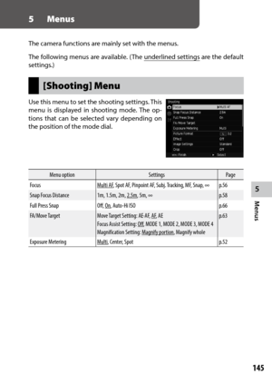 Page 147145
5
Menus
5 Menus
The camera functions are mainly set with the menus.
The following menus are available. (The underlined settings are the default 
settings.)
[Shooting] Menu
Use	this	menu	 to	set	 the	 shooting	 settings.	This	
menu is displayed in shooting mode. The op -
tions that can be selected vary depending on 
the position of the mode dial.
Menu option SettingsPage
Focus
Multi AF , Spot AF, Pinpoint AF, Subj. Tracking, MF, Snap, ∞ p.56
Snap Focus Distance
1m, 1.5m, 2m, 2.5m,  5m, ∞ p.58
Full...