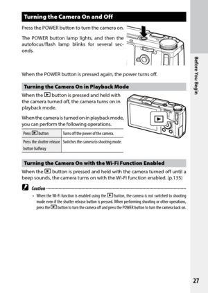 Page 2927
Before You Begin
Turning the Camera On and Off
Press the POWER button to turn the camera on.
The POWER button lamp lights, and then the 
autofocus/flash lamp blinks for several sec-
onds.
When the POWER button is pressed again, the power turns off.
Turning the Camera On in Playback Mode
When the 6 button is pressed and held with 
the camera turned off, the camera turns on in 
playback mode.
When the camera is turned on in playback mode, 
you can perform the following operations.
Press 6 button Turns...