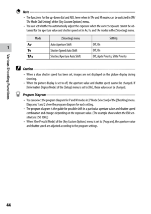 Page 461
44
Various Shooting Functions
 Note ------------------------------------------------------------------------\
-----------------------------------
•	 The	functions	 for	the	 up-down	 dial	and	 ADJ.	 lever	 when	 in	TAv	 and	 M	modes	 can	be	switched	 in	[M/
TAv Mode Dial Setting] of the [Key Custom Options] menu.
•	 You	 can	set	whether	 to	automatically	 adjust	the	exposure	 when	the	correct	 exposure	 cannot	be	ob-
tained for the aperture value and shutter speed set in Av, Tv, and TAv modes in the...