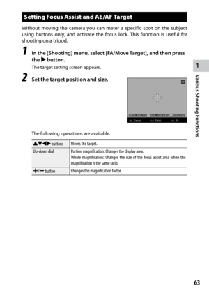 Page 651
63
Various Shooting Functions 
Setting Focus Assist and AE/AF Target
Without moving the camera you can meter a specific spot on the subject 
using buttons only, and activate the focus lock. This function is useful for 
shooting on a tripod.
1 In the [Shooting] menu, select [FA /Move Target], and then press 
the $ button.
The target setting screen appears.
2 Set the target position and size.
The following operations are available.
!"#$ buttons Moves the target.
Up-down dial Portion magnification:...