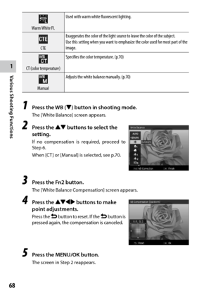 Page 701
68
Various Shooting Functions 
Warm White Fl.Used with warm white fluorescent lighting.
CTEExaggerates the color of the light source to leave the color of the subject.
Use this setting when you want to emphasize the color used for most part of the 
image.
CT (color temperature)
Specifies the color temperature. (p.70)
ManualAdjusts the white balance manually. (p.70)
1 Press the WB ("
) button in shooting mode.
The [White Balance] screen appears.
2 Press the !" buttons to select the 
setting.
If...
