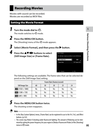 Page 931
91
Various Shooting Functions 
Recording Movies
Movies with sound can be recorded.
Movies are recorded as MOV files.
Setting the Movie Format
1 Turn the mode dial to 3.
The mode switches to 3 mode.
2 Press the MENU/OK button.
The [Shooting] menu of the 3 mode appears.
3 Select [Movie Format], and then press the $ button.
4 Press the !"#$ buttons to select 
[Still Image Size] or [Frame Rate].
The following settings are available. The frame rates that can be selected de-
pend on the [Still Image...