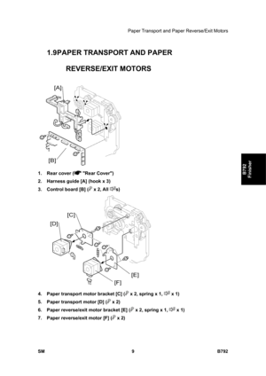 Page 1161Paper Transport and Paper Reverse/Exit Motors 
SM 9 B792 
B792 
Finisher 
1.9 PAPER TRANSPORT AND PAPER 
REVERSE/EXIT MOTORS 
 
1.  Rear cover (
 Rear Cover) 
2.  Harness guide [A] (hook x 3) 
3.  Control board [B] (
 x 2, All s) 
 
4.  Paper transport motor bracket [C] (
 x 2, spring x 1,  x 1) 
5.  Paper transport motor [D] (
 x 2) 
6.  Paper reverse/exit motor bracket [E] (
 x 2, spring x 1,  x 1) 
7.  Paper reverse/exit motor [F] (
 x 2)  