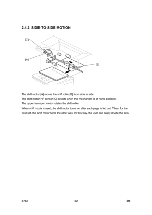 Page 1222B793 42  SM 
2.4.2 SIDE-TO-SIDE MOTION 
 
The shift motor [A] moves the shift roller [B] from side to side. 
The shift motor HP sensor [C] detects when the mechanism is at home position. 
The upper transport motor rotates the shift roller. 
When shift mode is used, the shift motor turns on after each page is fed out. Then, for the 
next set, the shift motor turns the other way. In this way, the user can easily divide the sets.  