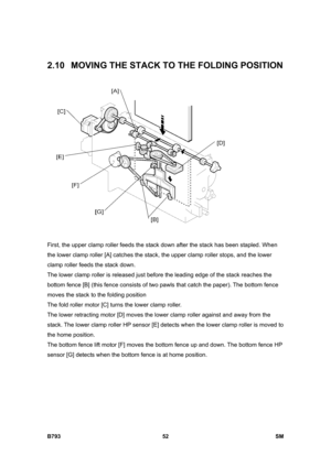 Page 1232B793 52  SM 
2.10  MOVING THE STACK TO THE FOLDING POSITION 
 
First, the upper clamp roller feeds the stack down after the stack has been stapled. When 
the lower clamp roller [A] catches the stack, the upper clamp roller stops, and the lower 
clamp roller feeds the stack down. 
The lower clamp roller is released just before the leading edge of the stack reaches the 
bottom fence [B] (this fence consists of two pawls that catch the paper). The bottom fence 
moves the stack to the folding position 
The...