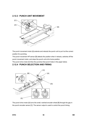 Page 1238B793 58  SM 
2.12.3 PUNCH UNIT MOVEMENT 
 
The punch movement motor [A] extends and retracts the punch unit to put it at the correct 
position for punching.  
The punch movement HP sensor [B] detects the position when it retracts, switches off the 
punch movement motor, and stops the punch unit at its home position. 
The punch drive motor [C] fires the punches that punch holes in the paper below. 
2.12.4 PUNCH SELECTION AND FIRING 
 
The punch drive motor [A] turns the small, notched encoder wheel [B]...