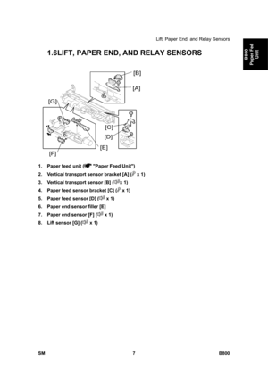 Page 1251Lift, Paper End, and Relay Sensors 
SM 7 B800 
B800 
Paper Fed 
Unit 
1.6 LIFT, PAPER END, AND RELAY SENSORS 
 
1.  Paper feed unit (
 Paper Feed Unit) 
2.  Vertical transport sensor bracket [A] (
 x 1) 
3.  Vertical transport sensor [B] (
x 1) 
4.  Paper feed sensor bracket [C] (
 x 1) 
5.  Paper feed sensor [D] (
 x 1) 
6.  Paper end sensor filler [E] 
7.  Paper end sensor [F] (
 x 1) 
8.  Lift sensor [G] (
 x 1)  