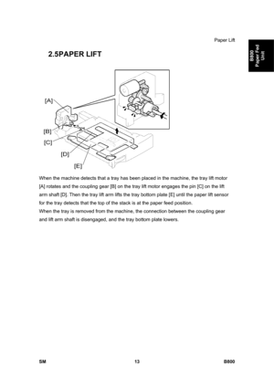 Page 1257Paper Lift 
SM 13 B800 
B800 
Paper Fed 
Unit 
2.5 PAPER LIFT 
 
When the machine detects that a tray has been placed in the machine, the tray lift motor 
[A] rotates and the coupling gear [B] on the tray lift motor engages the pin [C] on the lift 
arm shaft [D]. Then the tray lift arm lifts the tray bottom plate [E] until the paper lift sensor 
for the tray detects that the top of the stack is at the paper feed position. 
When the tray is removed from the machine, the connection between the coupling...