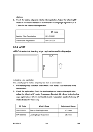 Page 132 
B230/B237 3-4  SM 
stations. 
2.  Check the leading edge and side-to-side registration. Adjust the following SP 
modes if necessary. Standard: 0 ± 2mm for the leading edge registration, 0 ± 
2.5mm for the side-to-side registration.   
 
 
SP mode 
Leading Edge Registration  SP4-010-001 
Side-to-Side Registration  SP4-011-001 
 
3.3.2 ARDF 
ARDF side-to-side, leading edge registration and trailing edge 
 
A: Leading edge registration 
Use A3/DLT paper to make a temporary test chart as shown above. 
1....