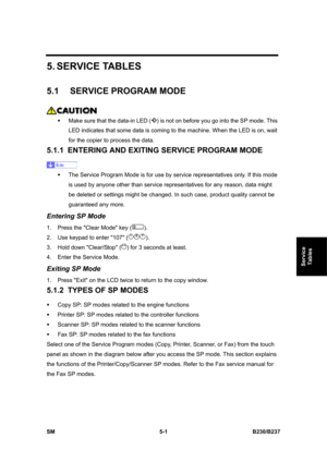 Page 367 
SM 5-1 B230/B237 
Service 
Tables 
5. SERVICE  TABLES 
5.1 SERVICE PROGRAM MODE 
 
ƒ  Make sure that the data-in LED (
) is not on before you go into the SP mode. This 
LED indicates that some data is coming to the machine. When the LED is on, wait 
for the copier to process the data. 
5.1.1 ENTERING AND EXITING SERVICE PROGRAM MODE 
 
ƒ  The Service Program Mode is for use by service representatives only. If this mode 
is used by anyone other than service representatives for any reason, data might 
be...