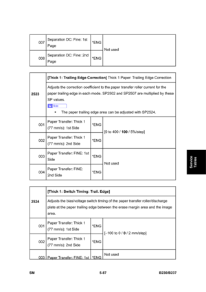 Page 453 
SM 5-87 B230/B237 
Service 
Tables 
007 Separation DC: Fine: 1st 
Page *ENG
008 Separation DC: Fine: 2nd 
Page *ENGNot used 
 
[Thick 1: Trailing Edge Correction] Thick 1 Paper: Trailing Edge Correction 
2523 Adjusts the correction coefficient to the paper transfer roller current for the 
paper trailing edge in each mode. SP2502 and SP2507 are multiplied by these 
SP values. 
 
ƒ  The paper trailing edge area can be adjusted with SP2524. 
001 Paper Transfer: Thick 1 
(77 mm/s): 1st Side *ENG
002 Paper...