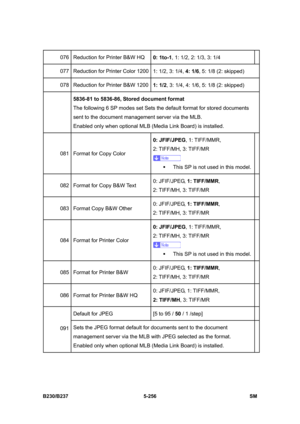 Page 622 
B230/B237 5-256  SM 
076  Reduction for Printer B&W HQ 
0: 1to-1, 1: 1/2, 2: 1/3, 3: 1/4 
077  Reduction for Printer Color 1200
1: 1/2, 3: 1/4, 4: 1/6, 5: 1/8 (2: skipped) 
078  Reduction for Printer B&W 1200
1: 1/2, 3: 1/4, 4: 1/6, 5: 1/8 (2: skipped) 
 5836-81 to 5836-86, Stored document format 
The following 6 SP modes set Sets the default format for stored documents 
sent to the document management server via the MLB. 
Enabled only when optional MLB (Media Link Board) is installed. 
081  Format for...