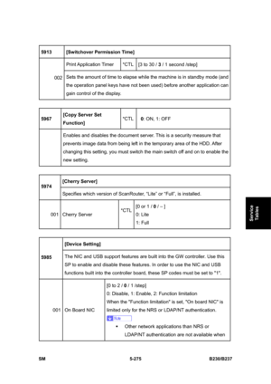 Page 641 
SM 5-275 B230/B237 
Service 
Tables 
5913 [Switchover Permission Time] 
Print Application Timer  *CTL 
[3 to 30 / 3 / 1 second /step] 
002 Sets the amount of time to elapse while the machine is in standby mode (and 
the operation panel keys have not been used) before another application can 
gain control of the display. 
 
5967 [Copy Server Set 
Function] *CTL 
 0: ON, 1: OFF 
 Enables and disables the document server. This is a security measure that 
prevents image data from being left in the...