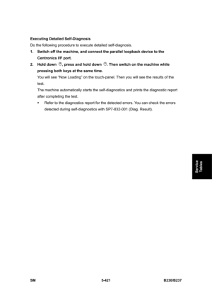 Page 787 
SM 5-421 B230/B237 
Service 
Tables 
Executing Detailed Self-Diagnosis 
Do the following procedure to execute detailed self-diagnosis. 
1.  Switch off the machine, and connect the parallel loopback device to the 
Centronics I/F port. 
2. Hold down 
, press and hold down . Then switch on the machine while 
pressing both keys at the same time. 
You will see “Now Loading” on the touch-panel. Then you will see the results of the 
test. 
The machine automatically starts the self-diagnostics and prints the...