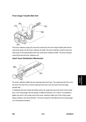 Page 841 
SM 6-43 B230/B237 
Detailed 
Descriptions 
From Image Transfer Belt Unit 
 
The toner collection auger [A] moves the used toner from the image transfer belt and the 
used toner drops into the toner collection duct [B]. The toner collection coil [C] moves the 
used toner to the opening [D] at the rear of the toner collection bottle. The toner transport 
motor [E] drives the toner collection coil. 
Used Toner Distribution Mechanism 
 
The toner collection bottle has two openings (front and rear). The...