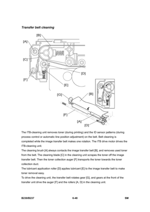 Page 846 
B230/B237 6-48  SM 
Transfer belt cleaning 
 
The ITB-cleaning unit removes toner (during printing) and the ID sensor patterns (during 
process control or automatic line position adjustment) on the belt. Belt cleaning is 
completed while the image transfer belt makes one rotation. The ITB drive motor drives the 
ITB-cleaning unit. 
The cleaning brush [A] always contacts the image transfer belt [B], and removes used toner 
from the belt. The cleaning blade [C] in the cleaning unit scrapes the toner off...