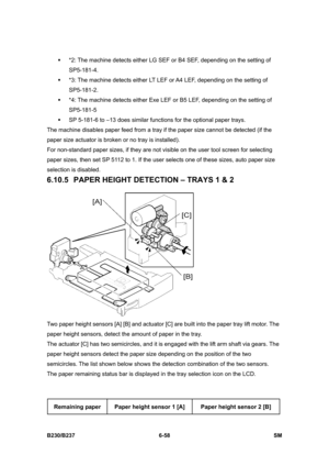 Page 856 
B230/B237 6-58  SM 
ƒ  *2: The machine detects either LG SEF or B4 SEF, depending on the setting of 
SP5-181-4. 
ƒ  *3: The machine detects either LT LEF or A4 LEF, depending on the setting of 
SP5-181-2. 
ƒ  *4: The machine detects either Exe LEF or B5 LEF, depending on the setting of 
SP5-181-5 
ƒ  SP 5-181-6 to –13 does similar functions for the optional paper trays. 
The machine disables paper feed from a tray if the paper size cannot be detected (if the 
paper size actuator is broken or no tray is...