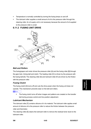 Page 863 
SM 6-65 B230/B237 
Detailed 
Descriptions 
ƒ  Temperature is normally controlled by turning the fusing lamps on and off.   
ƒ  The lubricant roller supplies a small amount of oil to the pressure roller through the 
cleaning roller. An oil supply unit is not necessary because the amount of oil supplied 
to the pressure roller is small. 
6.11.2  FUSING UNIT DRIVE 
 
Belt and Rollers 
The fusing/paper exit motor drives the pressure roller [A] and the fusing roller [B] through 
the gear train, timing belt...