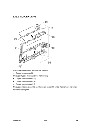 Page 874 
B230/B237 6-76  SM 
6.13.2 DUPLEX DRIVE 
 
The duplex inverter motor [A] drives the following: 
ƒ  Duplex inverter roller [B] 
The duplex/bypass motor [C] drives the following: 
ƒ  Duplex transport roller 1 [D] 
ƒ  Duplex transport roller 1 [E] 
ƒ  Duplex transport roller 1 [F] 
The duplex entrance sensor [G] and duplex exit sensor [H] control the interleave movement 
and detect paper jams.  